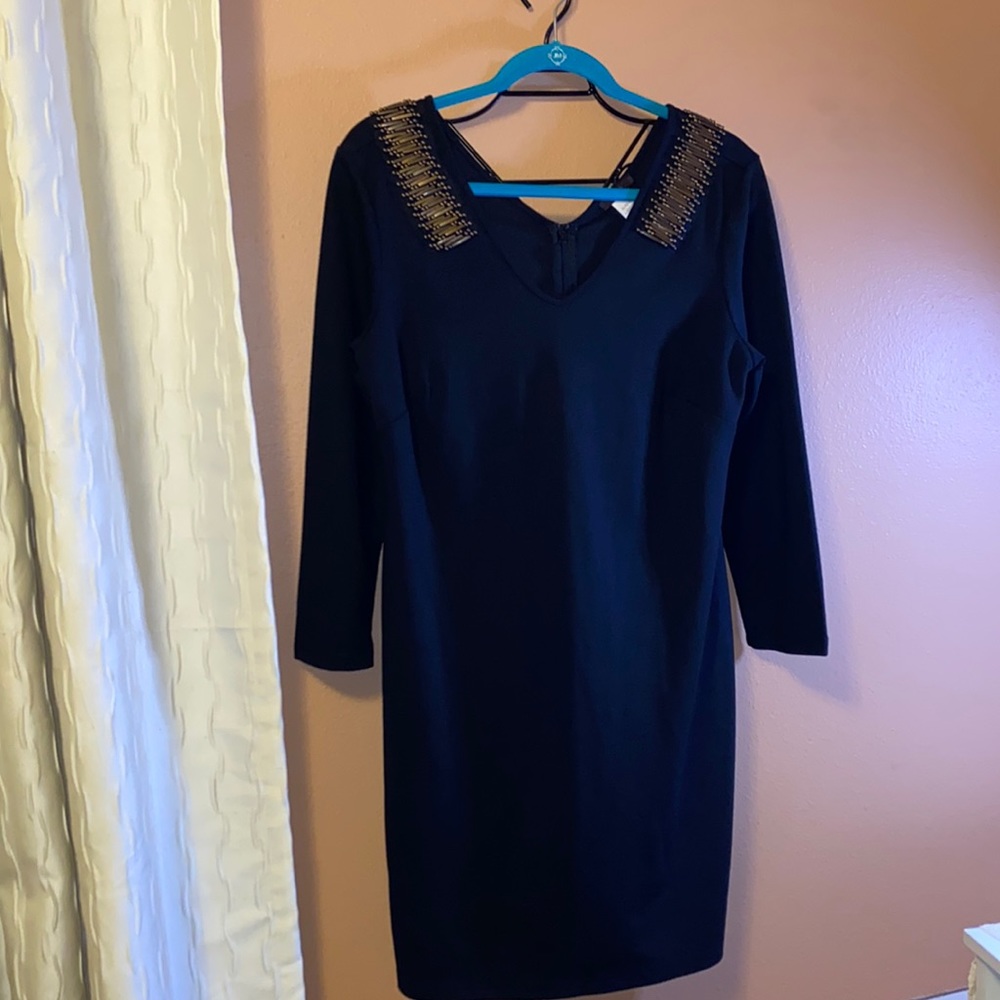 Mark black bodycon dress with copper beaded shoulder design
